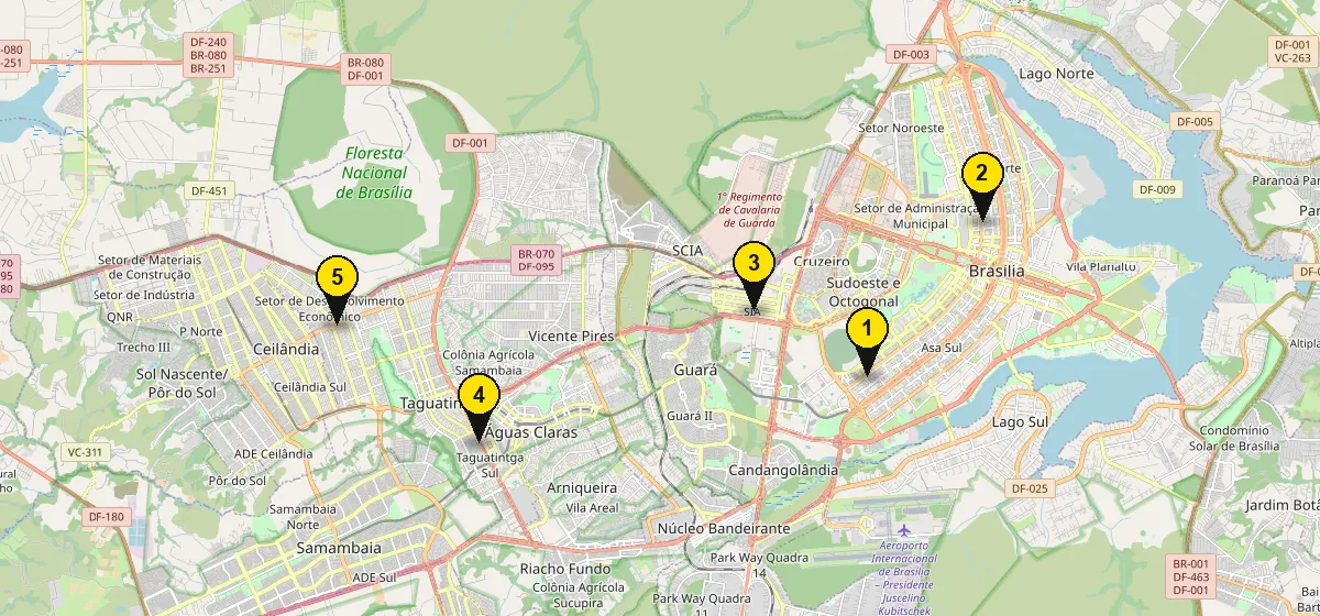 Mapa com as 5 lojas Griffe Pneus em Brasília