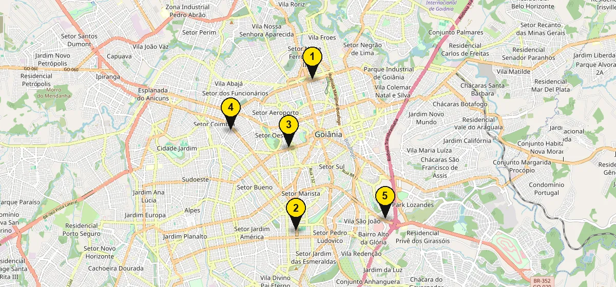 Mapa com as 5 lojas Griffe Pneus em Goiânia